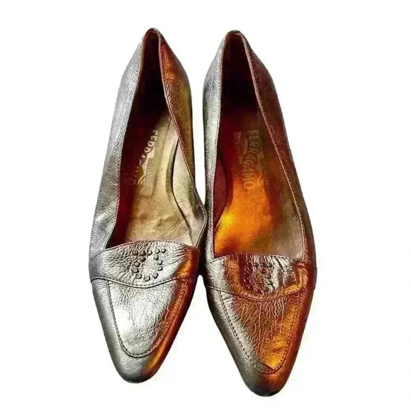Salvatore Ferragamo Metallic Gold Studded Flats S 7 1/2 - Picture 1 of 10